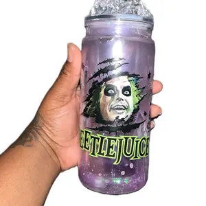 16oz Cup with Fake Ice Cartoon Movie Theme Glow in the Dark Purple Drip Durable Plastic for Movies Parties Everyday Use