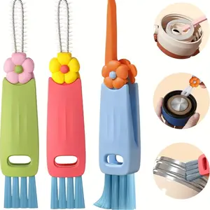 3-in-1 Cup Lid Cleaning Brush Set of 3 - Multifunctional Bottle & Straw Cleaner  Multifunctional bottle and straw cleaner equipped with scraper, crevice brush and angled brush head. Deeply cleans coffee cups, water bottles, mugs and more. Petal design,
