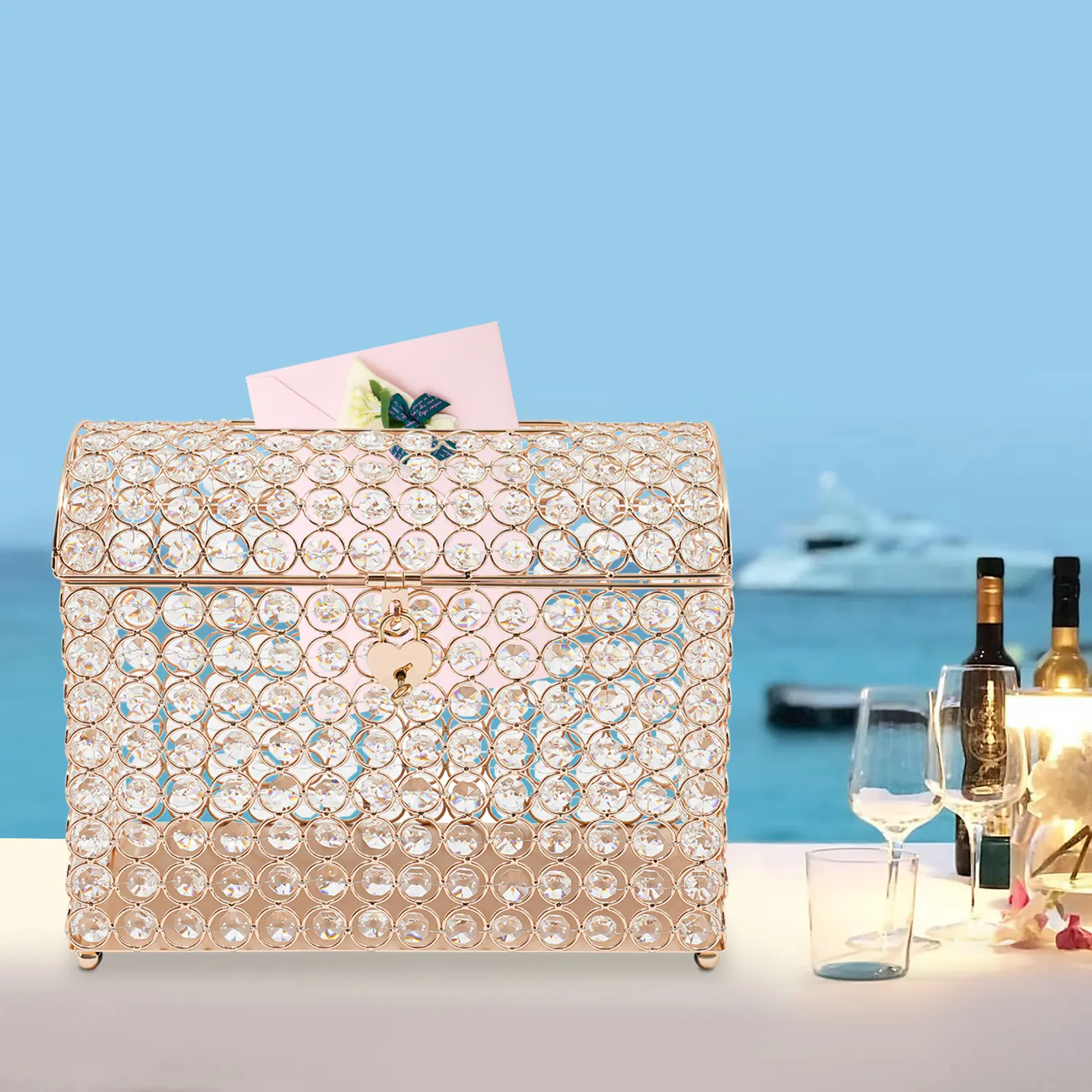 Wedding Card Box 31x16x25cm, Clear Gold Glass Iron Lockable Storage for Invitations Envelopes Photos, Tabletop Decorative Box
