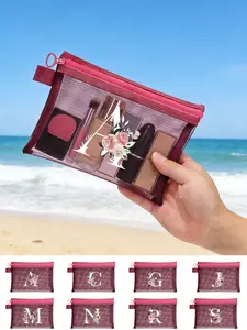 Transparent Mesh Storage Bag with Floral A-Z Letters, Zip Cosmetic Pouch, Makeup Pouch for Travel and Home Use, Ideal for Health-Conscious Gifting
