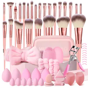 Face and Eye Makeup Tools Set, 61PCS Pink Makeup Brushes Set Includes 25Pcs Pink Make up Brushes, Makeup Bag, Makeup Sponges, Eye Beauty Tools, Triangle Puffs, Finger Puffs, Brush Cleaner Mat, Multifunctional Makeup Tool Kit for Women