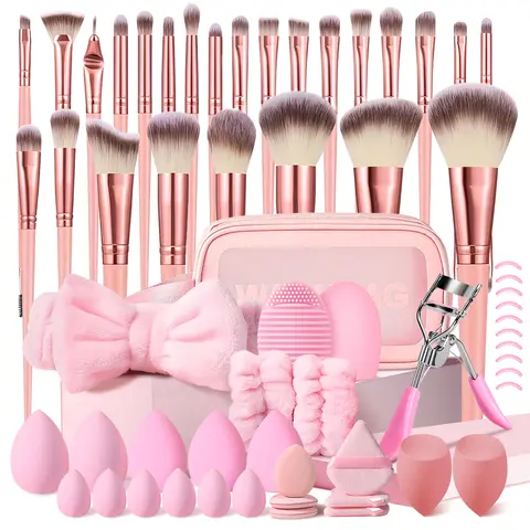 Women's 61PCS Pink Cosmetic Tools Set - Portable Multifunctional ABS Plastic Kit with Travel Makeup Bag, 25PCS Face Brushes, Sponges, Triangle Powder Puffs, Finger Puffs, Brush Cleaner Mat, Eye Beauty Accessories for Adults