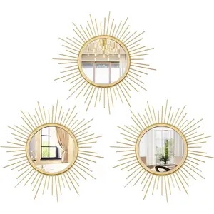 Cityelf 3 Set Gold Sunburst Mirrors for Wall Decorative Metal Mirrors Small Mirror Sets Decor Hanging Mirror Wall Sculpture for Bedroom Living Room Entrywa