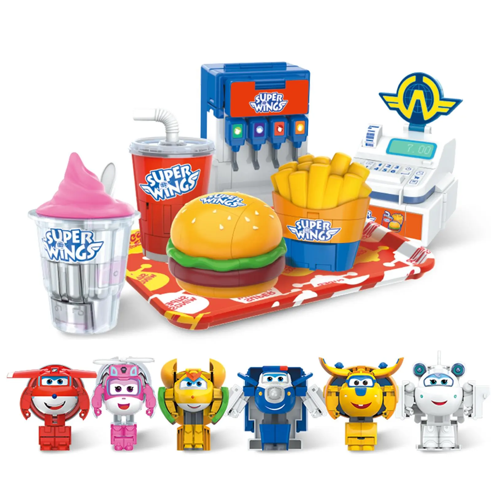 Super Wings Foodie Series Transformable Robot Collectibles - Unisex Children Development Toys for Kids 5+, Jett Cola, Goldenboy Burger, Super Wings Jett-Cola, Dizzy, Donnie, Paul, Astra Robot & Food Action Figures
