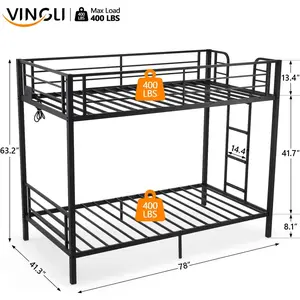 VINGLI Metal Bunk Bed Frame Twin Over Twin with LED Lights, Non-Slip Ladder, Full Length Guardrail, Charging Station, for Kids, Teens & Adults, Space-Saving, No Box Spring Needed, Black