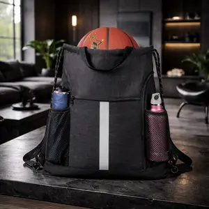 Gym-Drawstring-Backpack-Bag with Shoe Compartment and Two Water Bottle Holder Large String Backpack Sports Bag Athletic Sackpack for Men Women