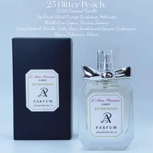No.25 BITTER PEACH 2020 Oriental Vanilla Top:Peach  Orange Cardamom Heliotrope Middle:Rum Cognac Davana Jasmine Base:Patchouli Vanilla Tonka Bean Sandalwood Benzoin Cashmeran Styrax Labdanum Vetiver  Size: 30ML 1oz L’Aura Précieuse Oil Base Parfume