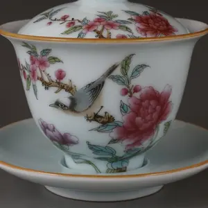 Qianlong Powder Enamel Bird and Flower Pattern Three Talents Cup Lid Bowl Tea Cup Antique Reproduction Porcelain Home Decor Piece