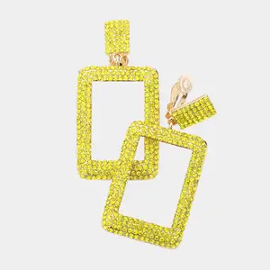 Yellow Rhinestone Embellished Open Rectangle Pageant Earrings  | Fun Fashion Earrings |  560489