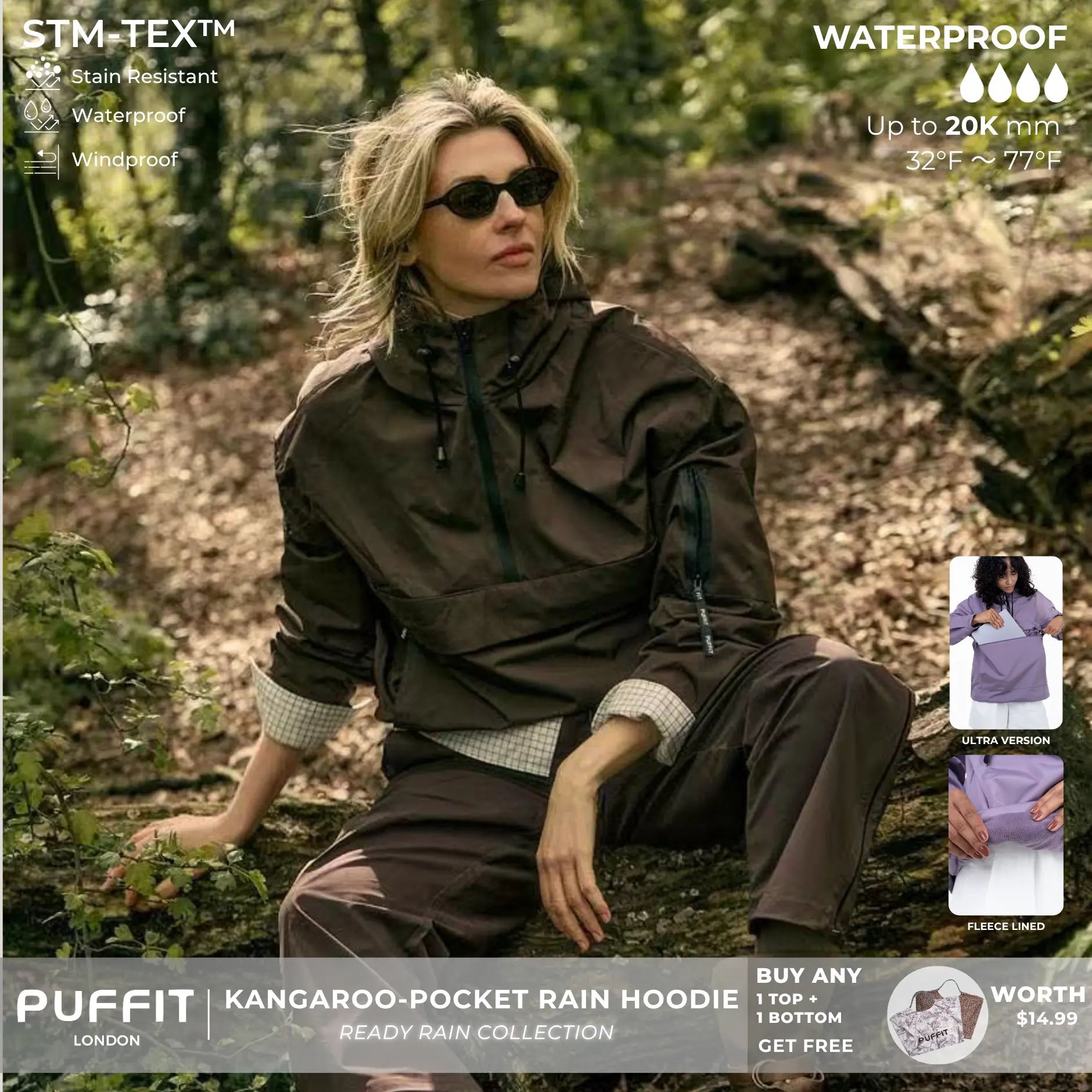 【Restocked】PUFFIT STM-TEX Waterproof Relaxed Fit Hoodie Coat Warm Half Zip Rain Jacket With Adjustable Waist,Hood & Cuffs,Large Kangaroo Pocket,Shell Jacket,Ski Jacket,Windbreaker,Fall&Winter Jacket ,Dog Walking,School Running,Womenswear,2026 Shopping