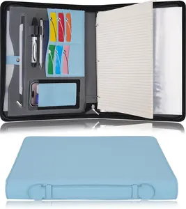 Travel Zippered Portfolio 3 Ring Binder A4 Padfolio Document Case with Removable Clipboard Legal Pad Holder, Business Office School Organizer for Men and Women (Light Blue)