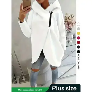Women's Plus Size Hooded Sweatshirt, Full Zip Fashion Design, Asymmetrical Hem, Breathable Thick Fleece, Loose Fit Long Sleeve Pullover, Fleece Hoodie