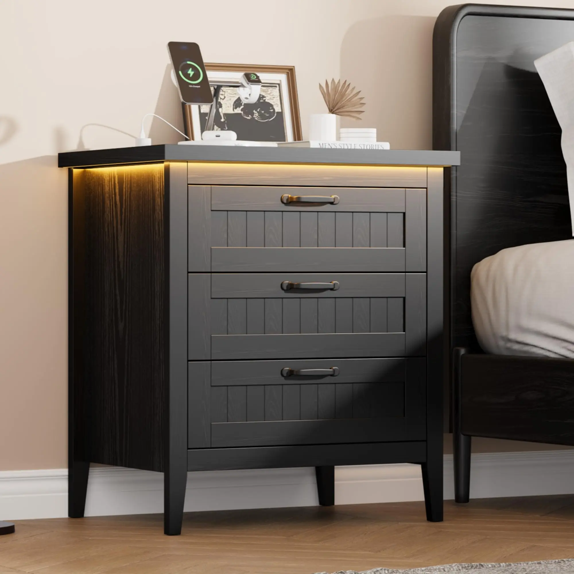Modern 6 Drawer Dresser with Charging Station and LED Lights, Wooden Bedroom Chest of Drawers with 3 8 Drawers Options, Smart Storage Cabinet and Slim Bedside Table, Grey