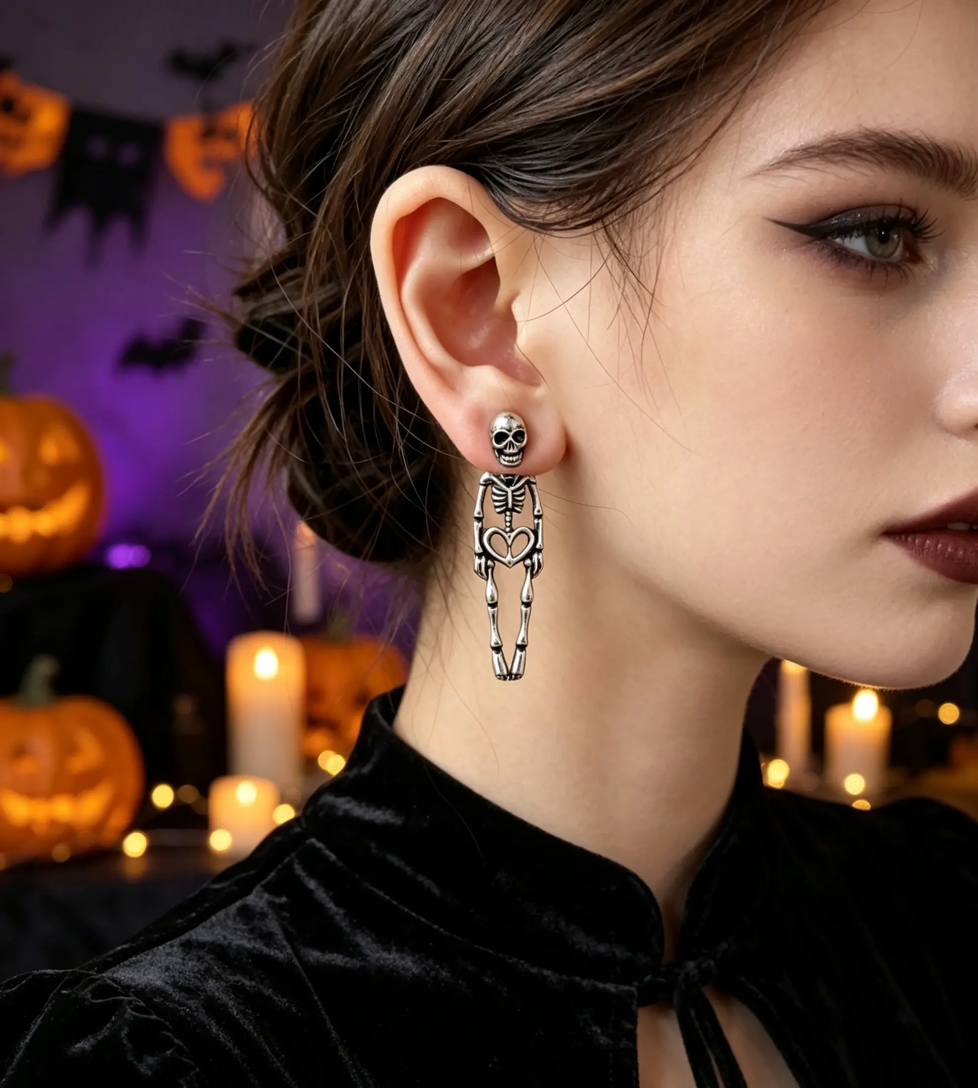 1 Pair Detachable Heart Skeleton Earrings for Men Women, Vintage Antique Silver Gothic Skull Stud Earrings, Punk Human Skeleton Dangle Earrings Halloween Dark Aesthetic Jewelry