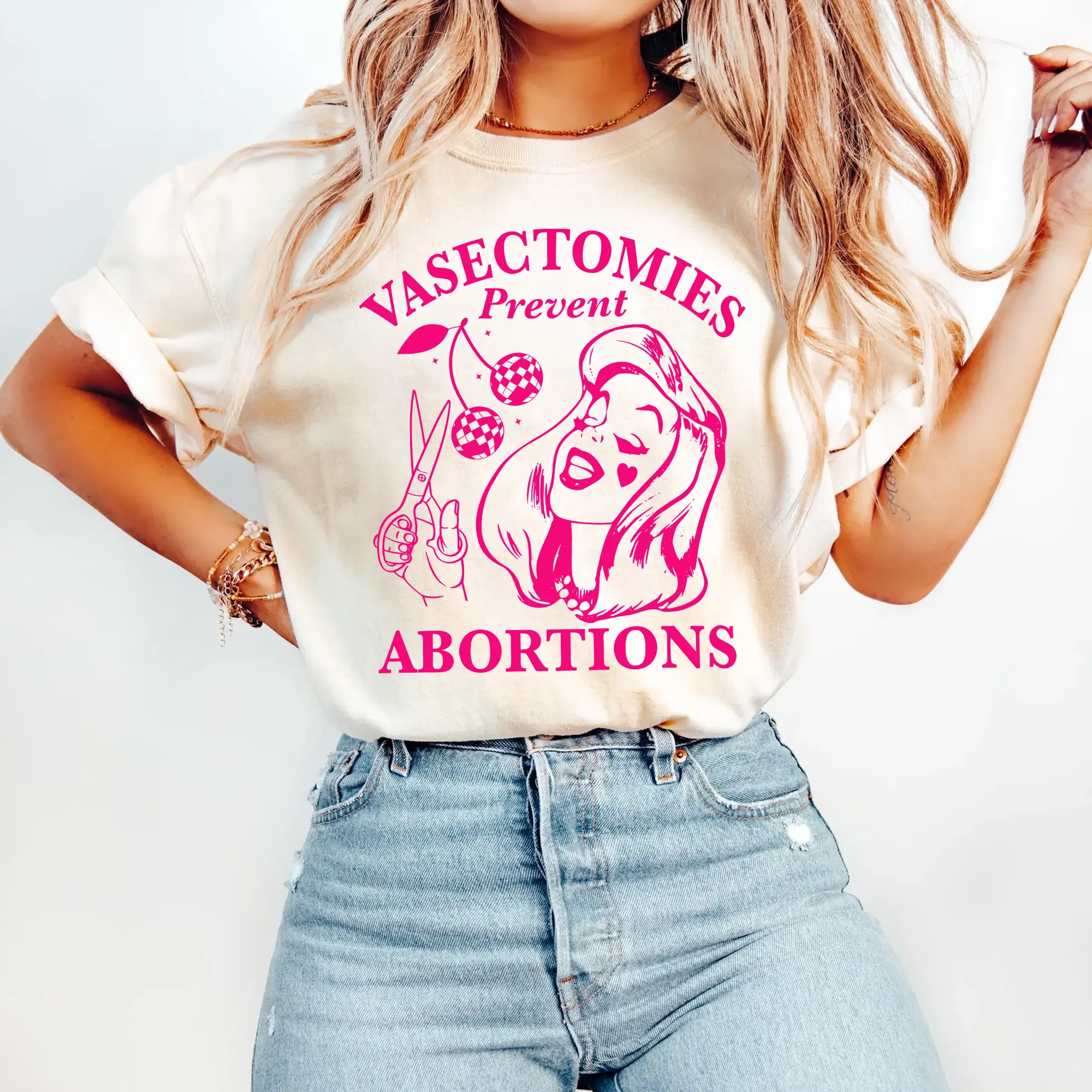 Women's Casual Graphic T-Shirt, Fitted Long Sleeve Top with "Vasectomies Prevent Abortions" Print, Foldable Feminist Apparel, Fashion, Clothes, Hand Wash Only, Hangable, Machine Washable, Normal Type, Longsleeves, Women's Clothes, Printed