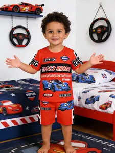 Boys' 2-Piece Cool Car Graphic Racing Print Round Neck Fitted Cut Short Sleeve Matching Shorts Pajama Set, Comfortable Home Wear Sleepwear for Kids