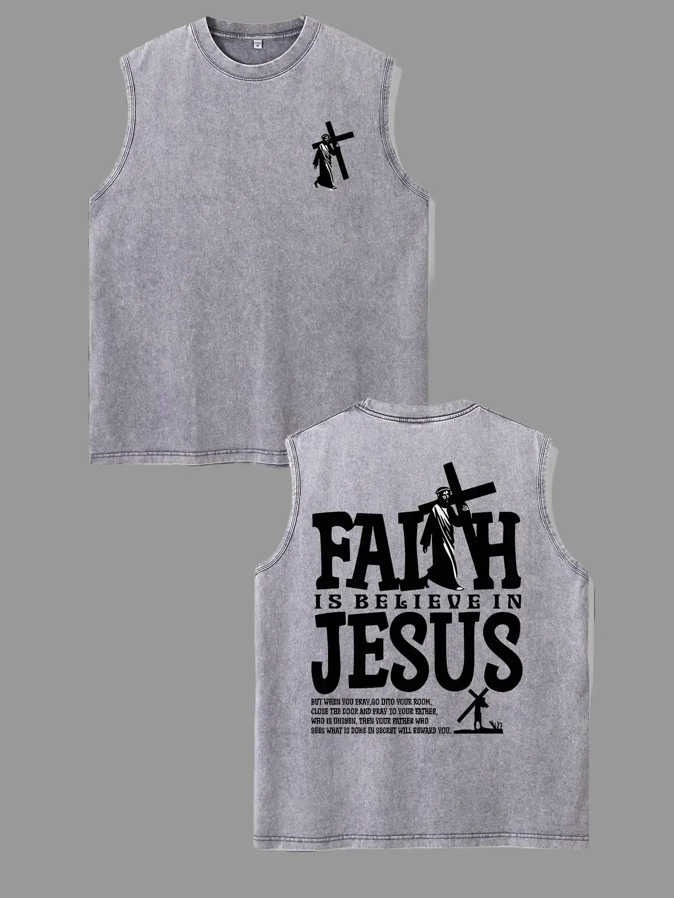 Men's 210g Distressed Vintage Washed Cotton Sleeveless Printed Tank Top - Loose Fit, "Faith is Believe in Jesus" Double-Sided Graphic, Casual Summer Undershirt, Ideal for Daily Wear or Father's Day Gift, Printed Men's Tanks