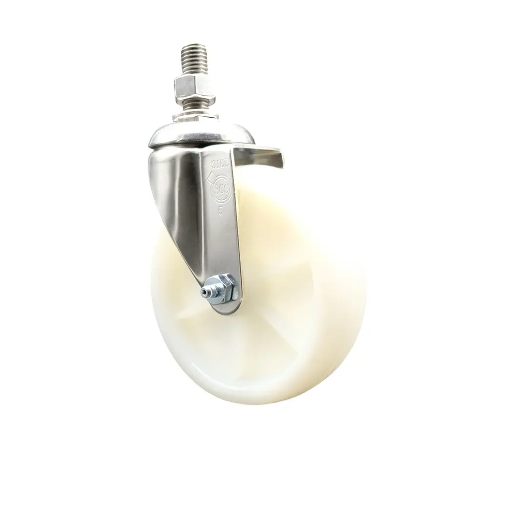 Service Caster SCC-SS316TS20S514-NYS-121315 Maintenance-Free Nylon Swivel Threaded Caster - 5 in. White Nylon Wheel, 0.5 in. Threaded Stem, 316 Stainless Steel, Low Rolling Resistance, Light Duty for Material Handling Shop Carts, 300 lbs Capacity