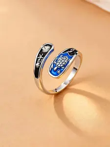 Naturalism 925 Silver Enamel Vintage Ocean Style Turtle Shell Open Spoon Ring, Unisex Beach Vacation Daily Wear, Couple Friendship Gift