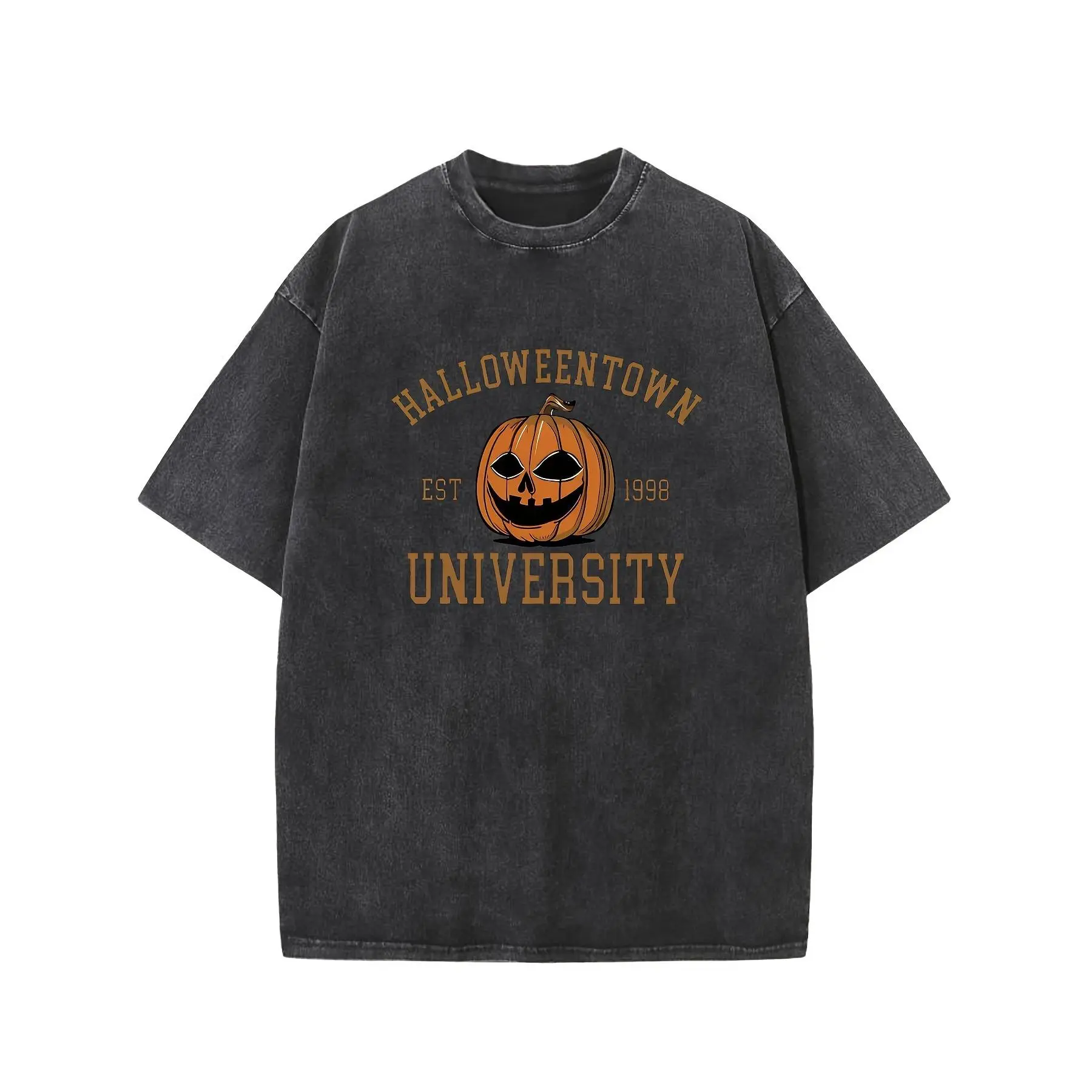 Holafish Halloween Town University Printed Men's Short Sleeve Cotton T-Shirt Soft Breathable Comfortable Top 220g Classic Crewneck Unisex Basic Fabric Tee