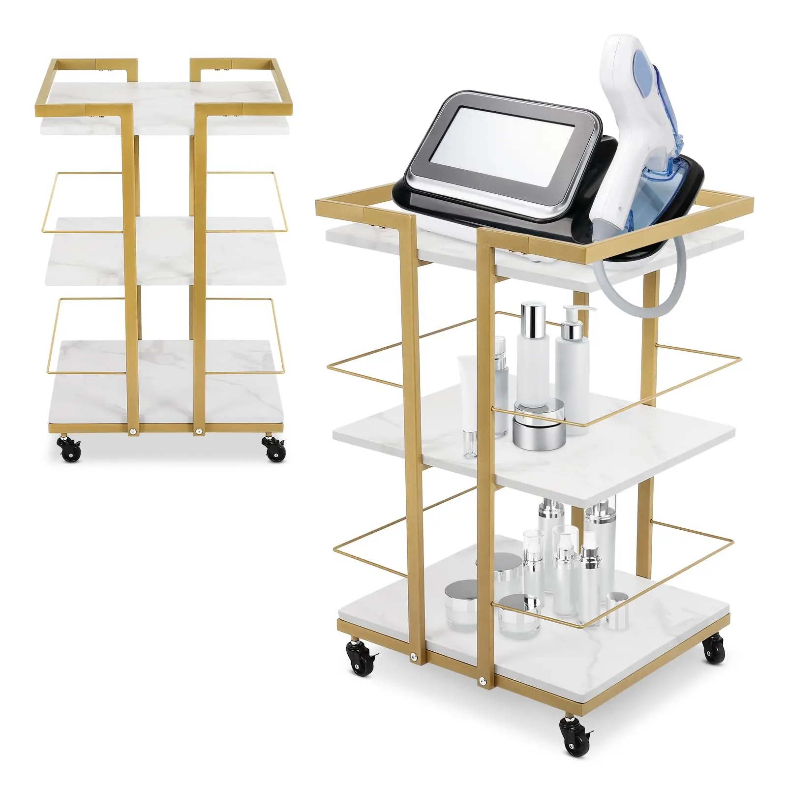 【DealsForYouDays】3 Tier Rolling Cart Metal，Multifunctional Esthetician Cart，Ergonomic Gold Salon Carts with 360° Rotating Wheels，Suitable for Spa/Tattoo Studio/Salon/Home Organiser Racks Display Stand Set Display Holder