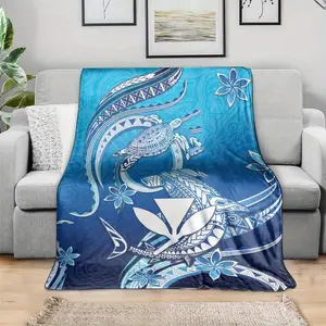 Hawaiian Polynesian Pattern Flannel Throw Blanket - Cozy All-Season Gift For Sofa, Bed, Car, Office, Camping & Travel - Vibrant Blue With Turtles, Flowers & Geometric Designs