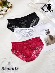 Plus Size 3pcs Floral Detail Contrast Mesh Lace Up Panty, Nylon Solid Color Sheer Knicker for All Seasons, Comfy Breathable Underwear for Women