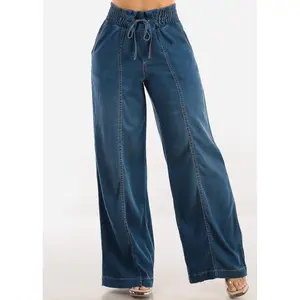 Smocked Spandex Waist Wide Leg Denim Pants Med Wash