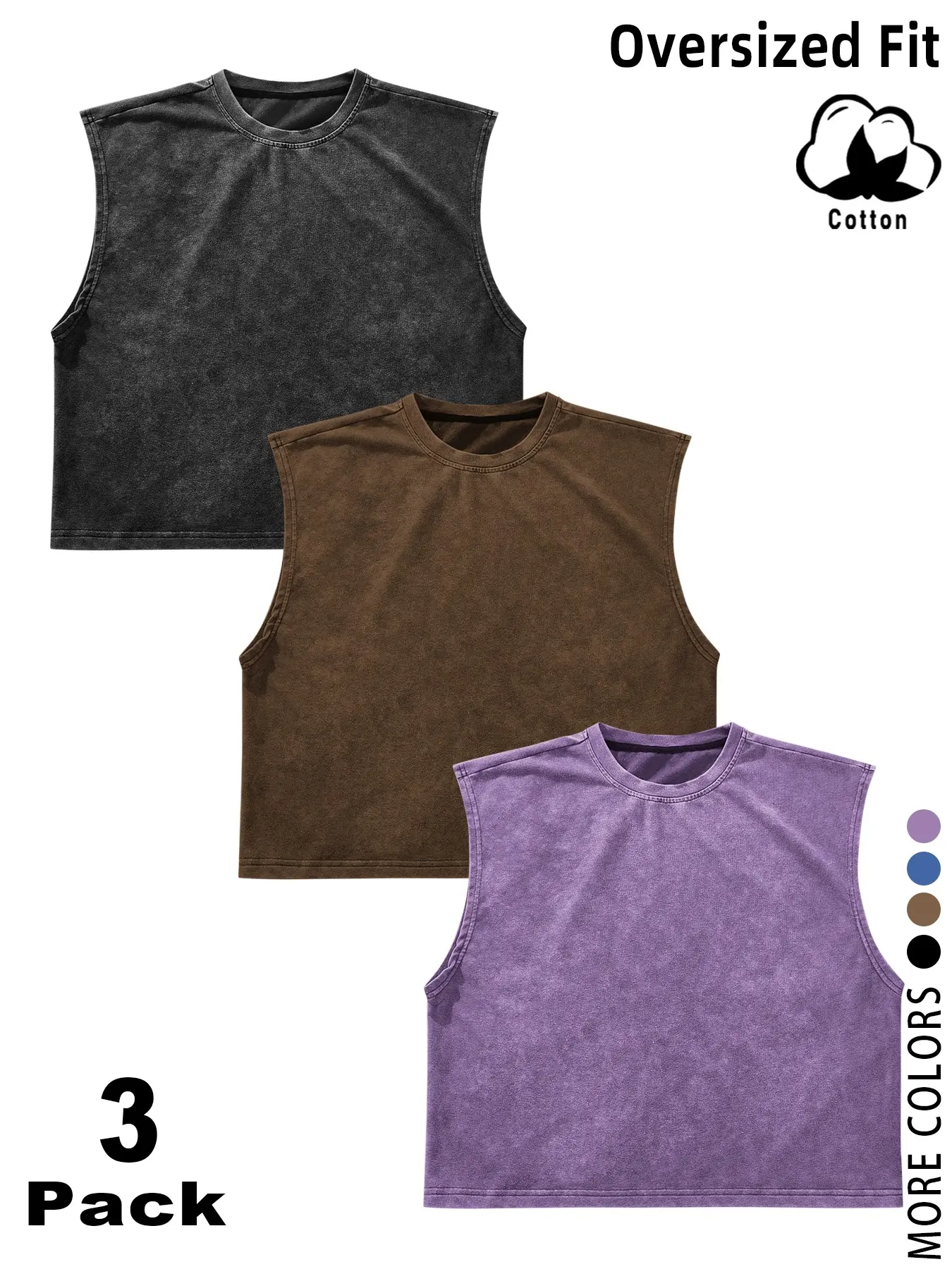 3 Pack/1 Pack Vintage Washed Solid Sleeveless Tank Tops, Unisex Oversized Crew Neck Cotton Cropped Muscle Shirts, Casual Loose Fit Basic Tees, Breathable Soft Fabric, Multiple Colors Available, Men Women Summer Streetwear, Workout, Daily Wear, Y2K Style