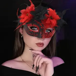 Venetian Masquerade Feather Mask - Plastic Carnival Costume Accessory with Decorative Flowers and Glitter for Halloween Cosplay, Mardi Gras, and Party - Elegant Design for Women