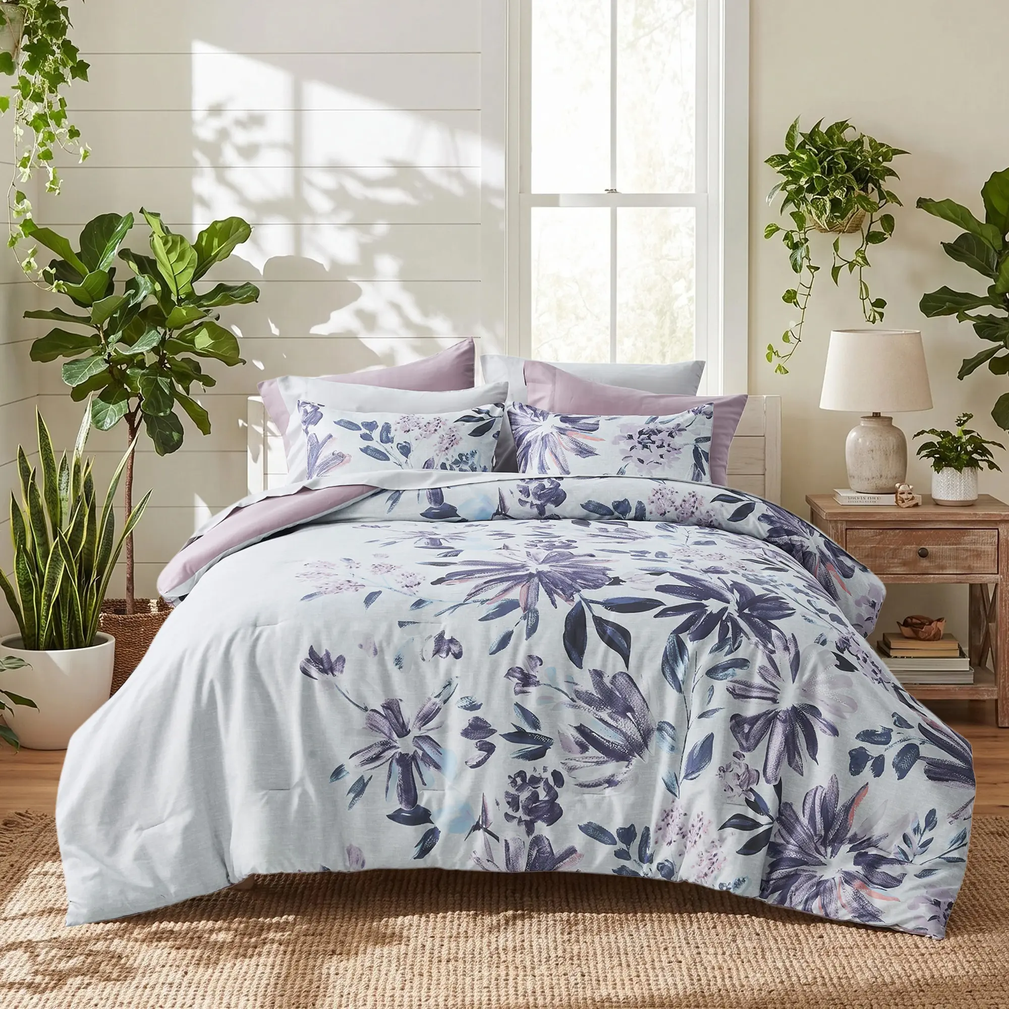 6/9 Piece Watercolor Floral Bed in a Bag Comforter Set, Soft Breathable All Season Bedding