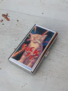 Cat Smoking F*** It Metal Wallet | Dual-Panel Spring Clip Holder