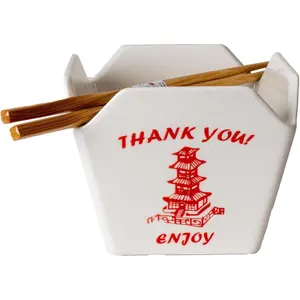 Chinese Takeout Box Style Porcelain Bowl With Chopsticks 18 fl oz Square Shape Rice Noodles Pasta To Go Box Shaped Bowl Microwave Dishwasher Safe (Classic Pagoda)