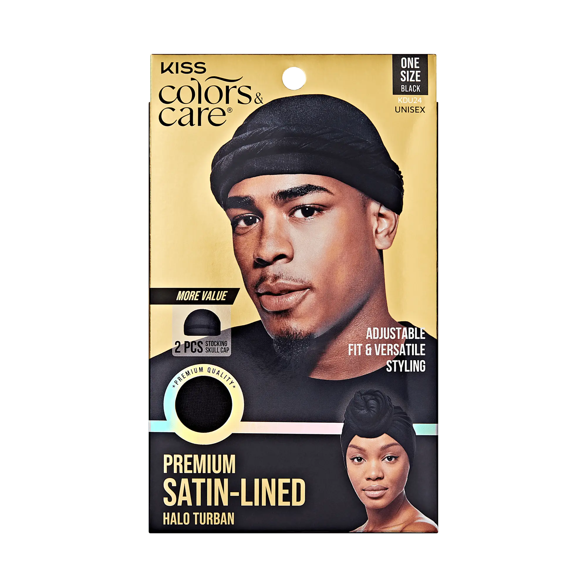 Kiss Colors & Care Premium Satin-Lined Halo Turban & 2 Wave Caps - Black | Wave Cap, Stocking Cap, One Size, Hair Accessories