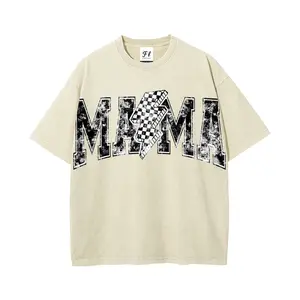 Vintage Acid Wash Oversized T-Shirt, Retro "MAMA" Lightning Bolt Graphic Tee, 100% Cotton Heavyweight Streetwear, Distressed Mineral Wash Loose Fit Short Sleeve for Women