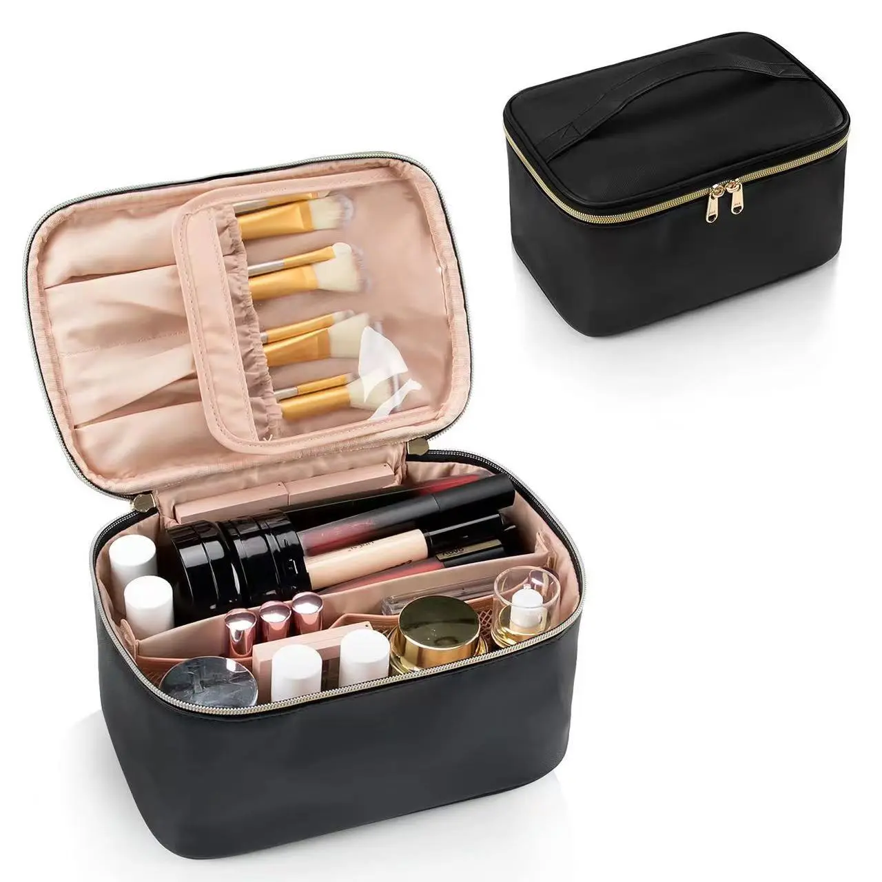 Large PU Leather Makeup Bag - Hand Washable, Portable Vertical Storage Organizer for Women with Makeup Brush Compartment, 2 Side Pockets, Plain Synthetic Cosmetic Travel Toiletry Bag