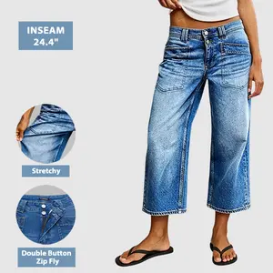 Flamingals Wash Patched Pocket Mid Waist Straight Leg Crop Jeans Stretchy 24.4'' Inseam Chic Style