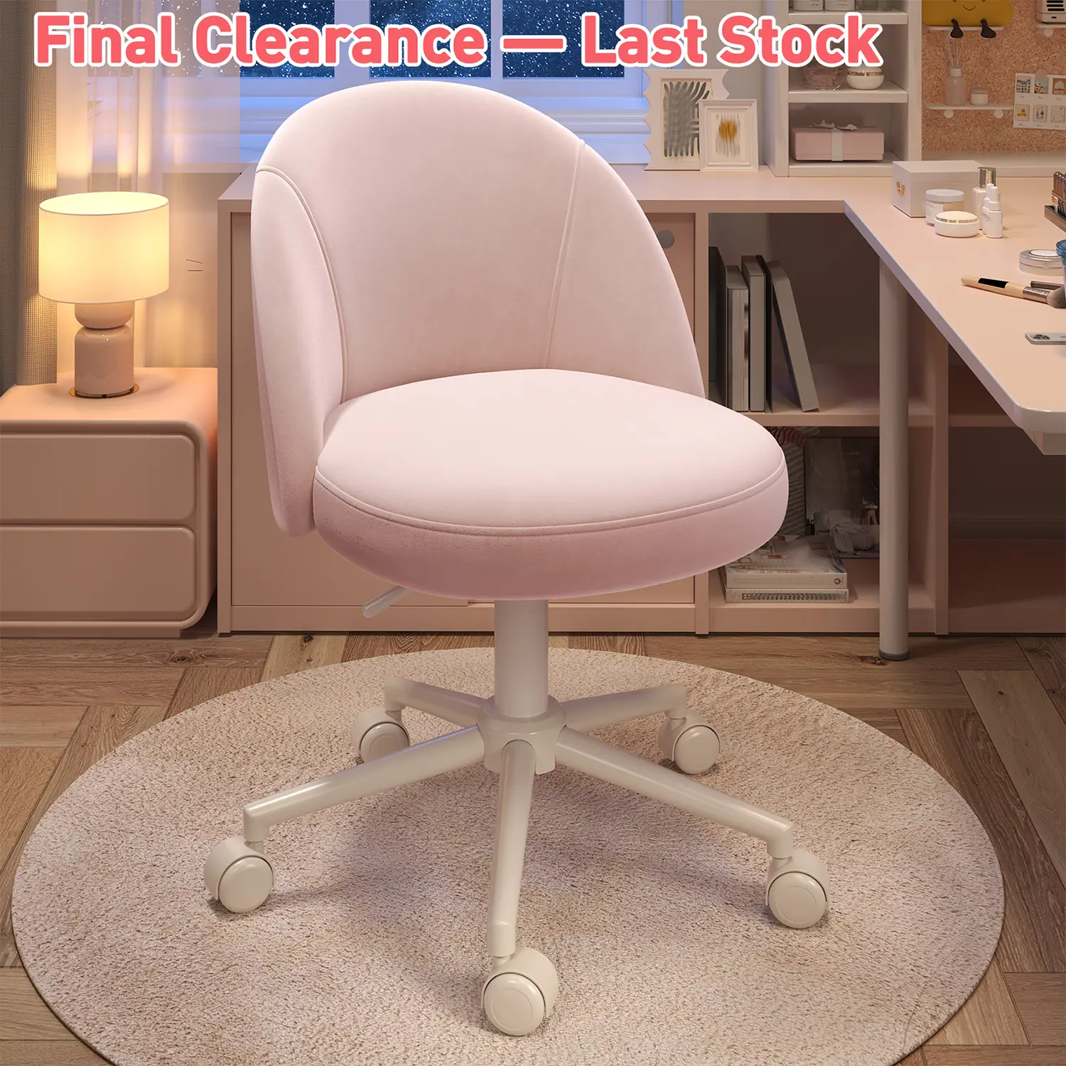 Raybee Furniture Modern Velvet Vanity Chairs, Ergonomic Cute Girls Desk Chair with Wheels, Comfy Armless Swivel  Home Office Chair for Women, Adjustable Luxury Makeup Chair for Bedroom, Small Space Gift #SummerVibes