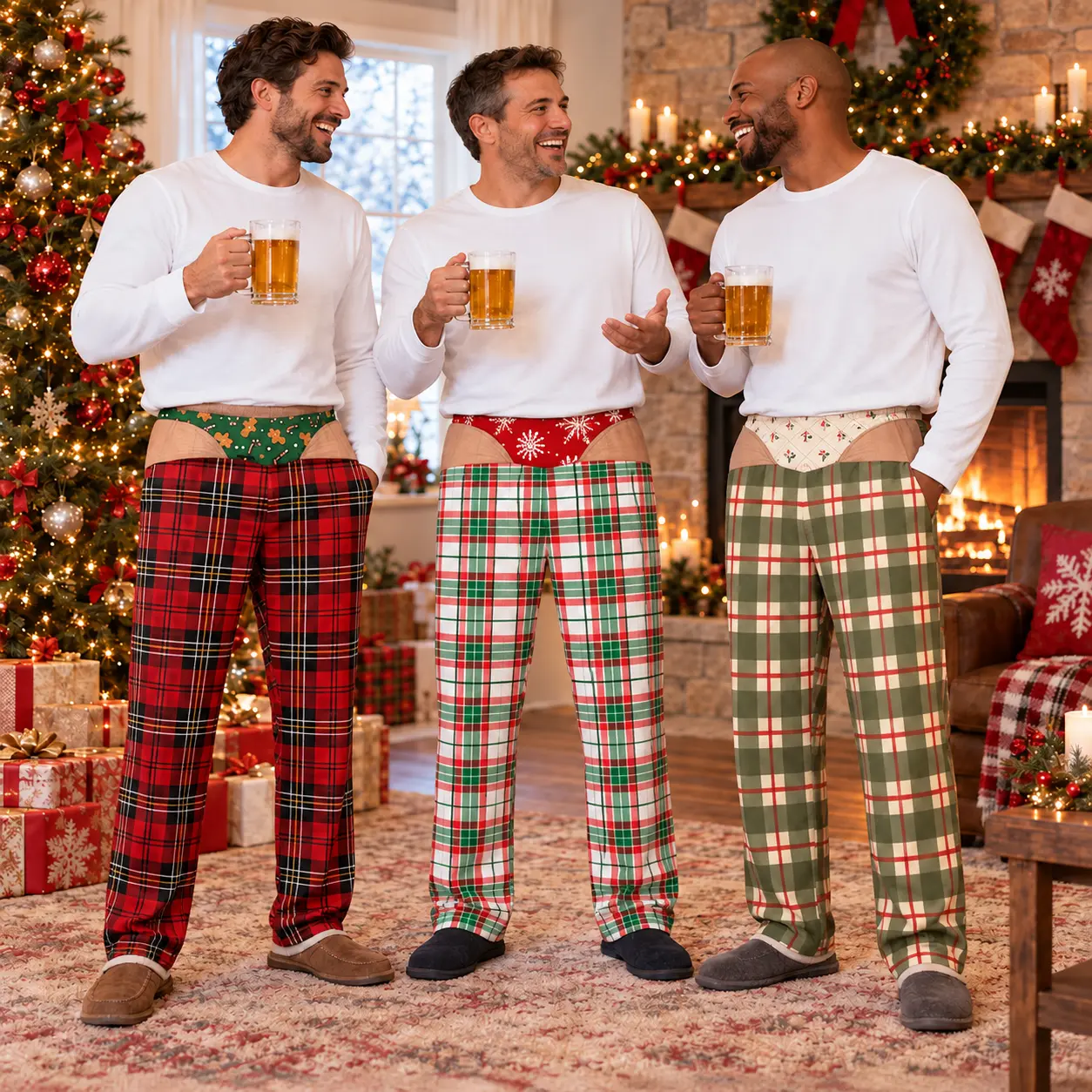Custom Funny Plaid Pajama Pants for Men, Fake Butt & Underwear Illusion, Christmas Prank Gift