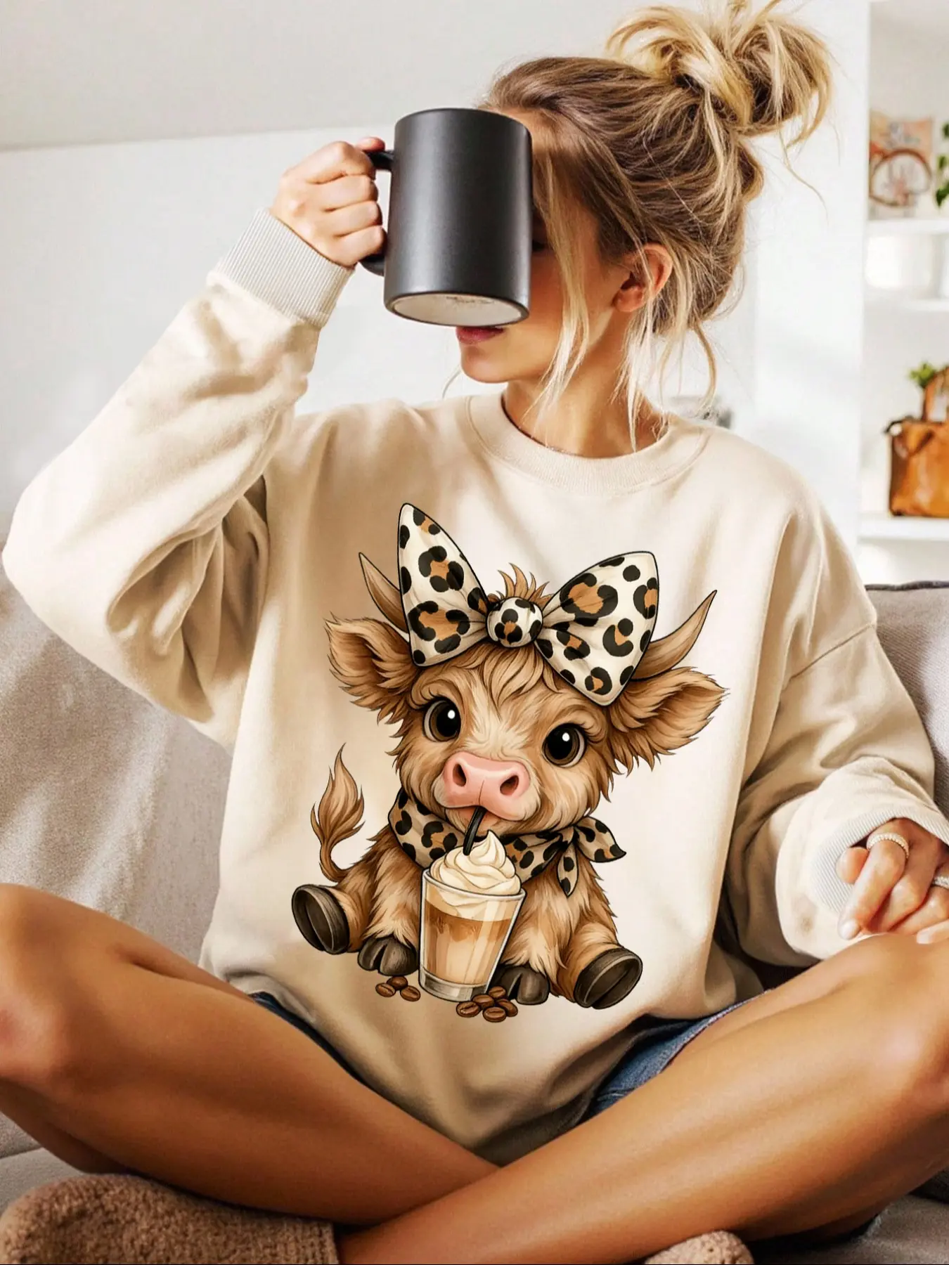 "Adorable Highland Calf Coffee" Cute Animal Print Fitted Women Crewneck Long Sleeve Sweatshirt - Perfect Gift, Womenswear, suitable for pet lovers, ideal as a gift and daily casual wear