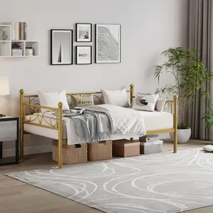 Gold Daybed, Twin Size Metal Day Bed with Floral Headboard, Modern Metal Sofa Bed Frame, Heavy Duty Steel Slats Supports, for Living Room, Guest Room