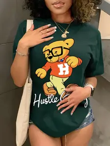 Women's Cartoon Bear & Letter Print Round Neck Tee, Fashion Casual Crew Neck Short Sleeve T-Shirt for Daily Holiday Vacation Outdoor Wear, Ladies Clothes for All Seasons