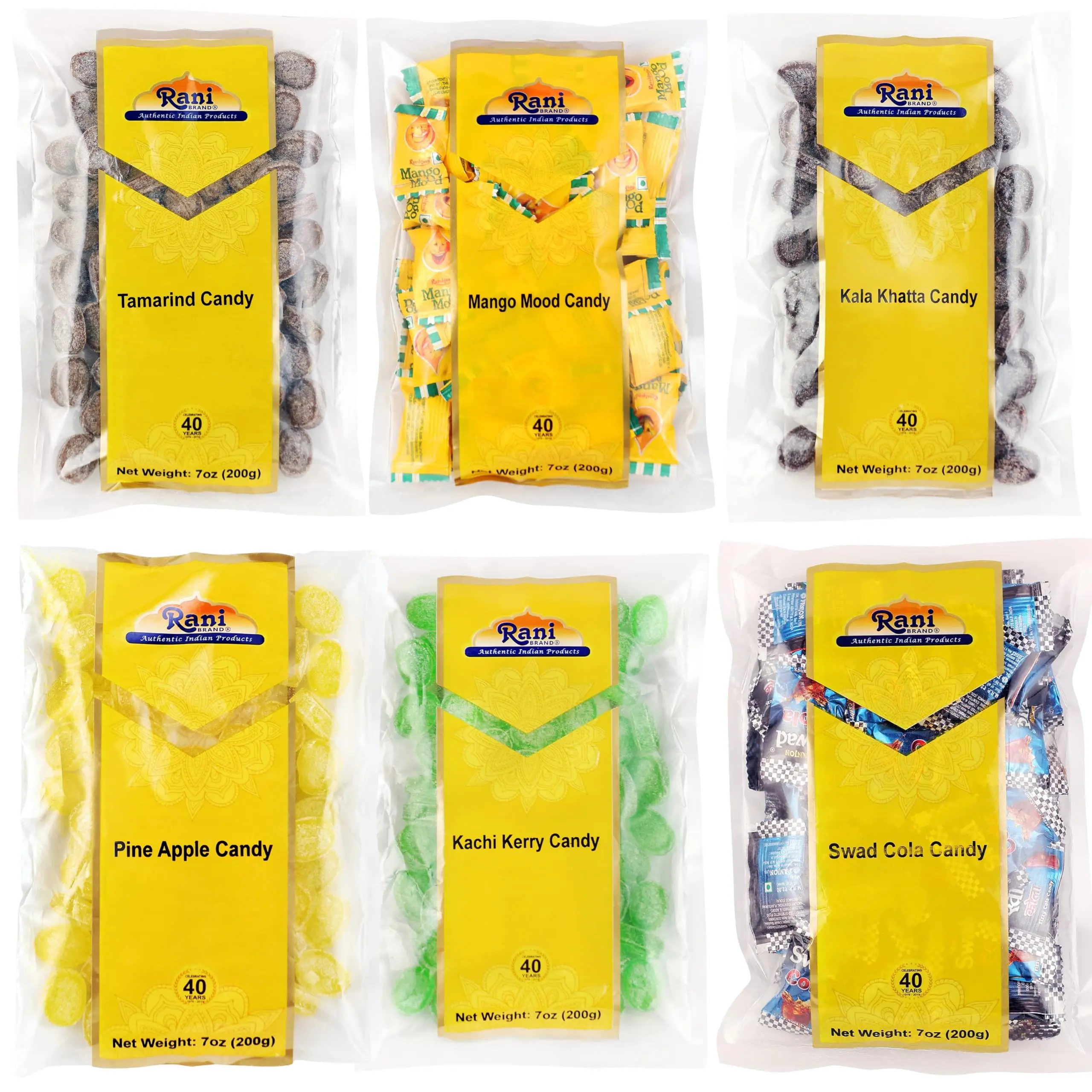 Rani Assorted Candies 7oz (200g) Pack of 6, Cola, Kachi Kerry, Kala Khatta, Tamarind, Pineapple, Mango Mood Candy ~ Indian Tasty Treats | Vegan | Gluten Friendly | NON-GMO | Indian Origin
