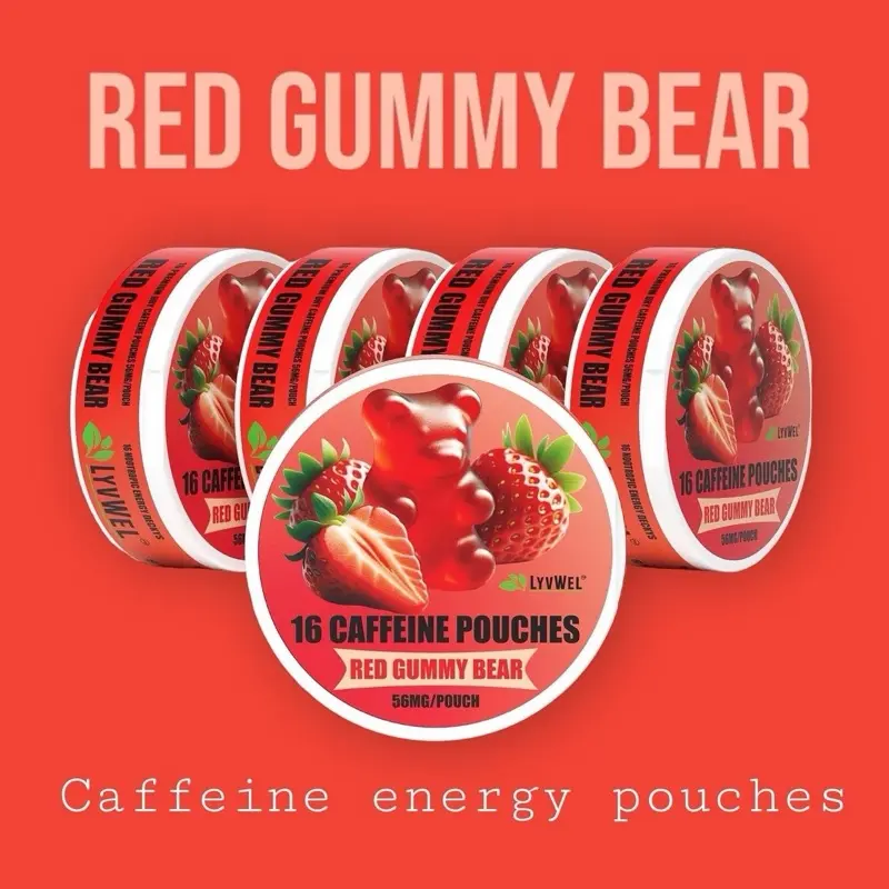 LyvWel Energy Pouches 56 mg RED GUMMY BEAR 5 Pack 16 Pouches Each Flavorful Beverage Caffeine Pouches Sugar Free Electrolyte Drink
