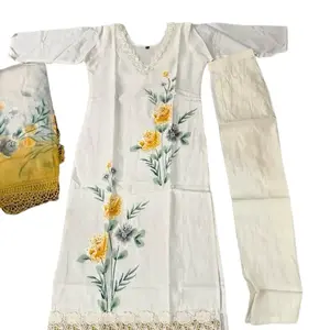 White Floral Kurti Set with pearl and Mustard Dupatta Lightweight Cotton Blend Breathable Easy Wear Women's Fashion