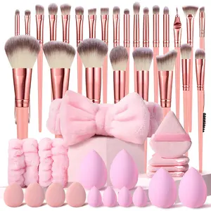 Complete 44Pcs Pink Makeup Tool Set, Makeup Brush Set Includes 25Pcs Pink Pro-Worthy Brushes, Mini and Standard Makeup Sponges, Mini Thumb Puffs, Triangle puff, Professional Makeup Kit for Gym,Travel & Daily Essentials, Makeup Tools Set
