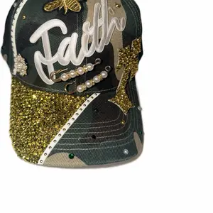 Camo & White Faith Trucker Hat with lots of Bling Details Bold Style Expressing Faith Fashionable Statement Accessory for Unique Fashion Enthusiasts