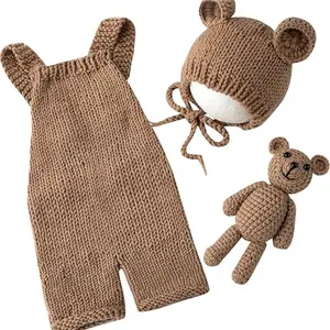 Newborn Photography Props Boys Girls Outfits Baby Photo Props Knit Bear Hat Romper Photoshoot Costume Set