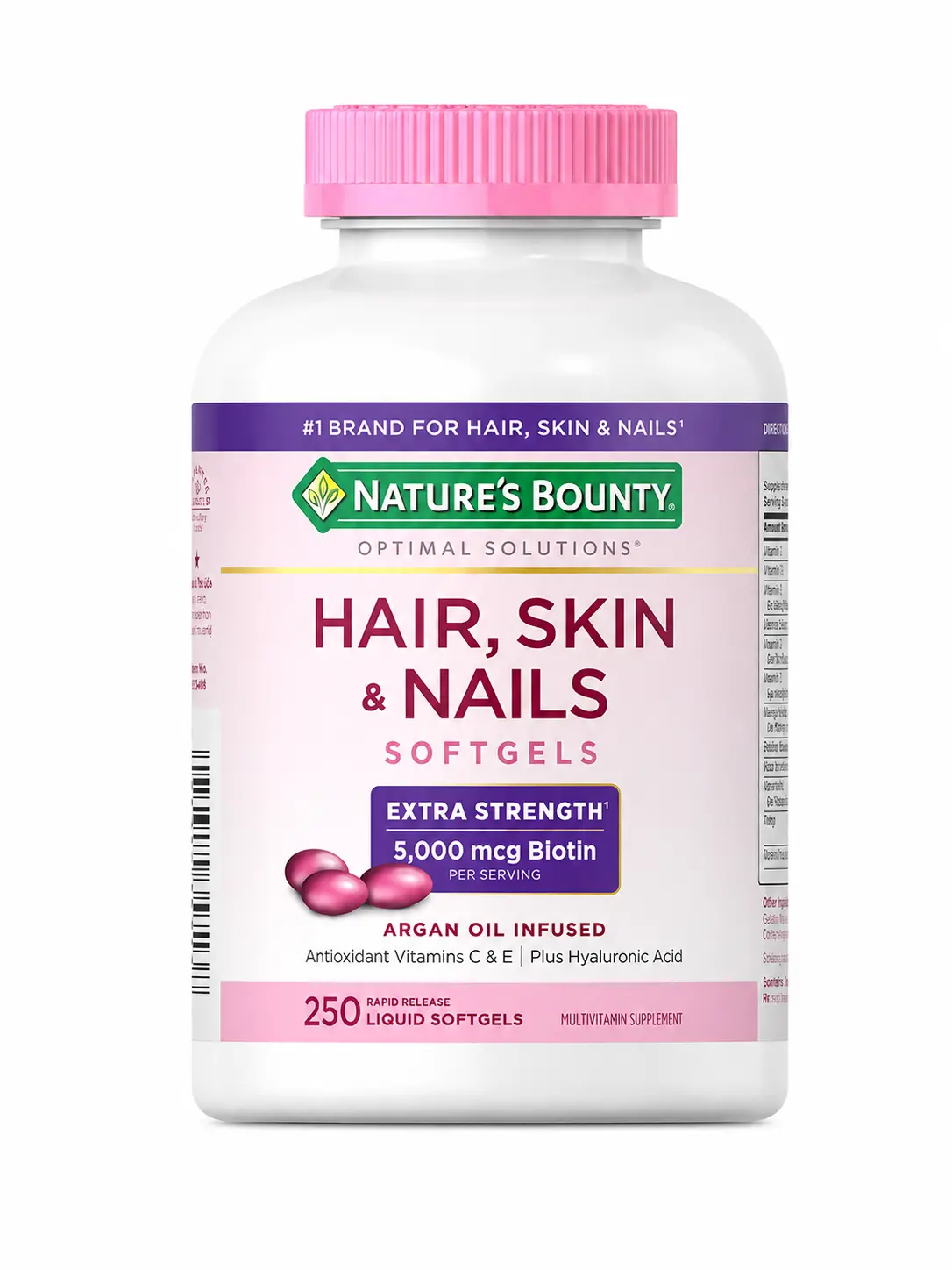Nature's Bounty Hair Skin and Nails 5000 mcg of Biotin - 250 Tablets Extra Strength, vitamin, argan oil infused, antioxidant Vitamins C & E plus Hyaluronic Acid, No sugar Healthcare Dietary Beauty Supplement