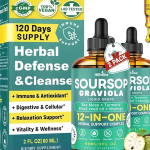 HIIHONE (2 Pack 12 in 1 Soursop Bitters Liquid Drops with Sea Moss, Moringa, Turmeric, Black Seed Oil for Immune, Digestive & Antioxidant Support, 2 Fl Oz